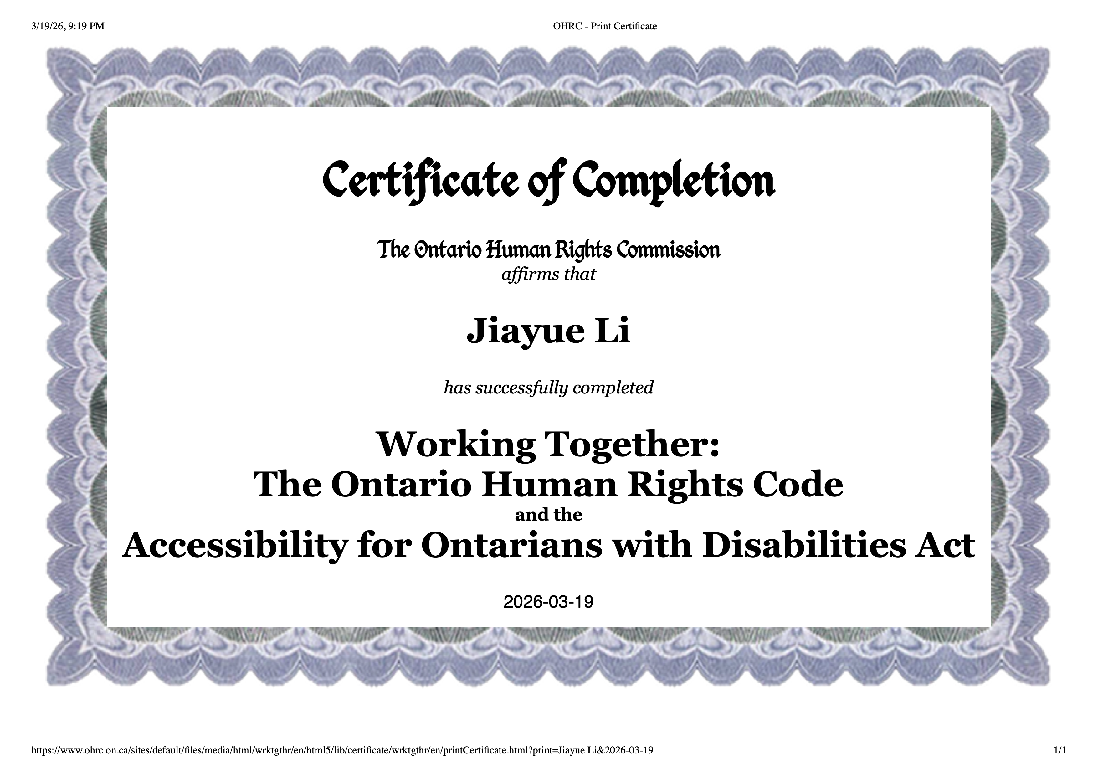 OHRC Certificate of Completion